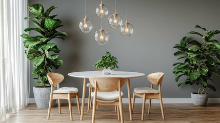 A cozy Scandinavian-inspired dining area featuring a circular table surrounded by wooden chairs, with lush green plants enhancing the minimalist decor.