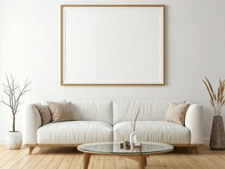 Modern living room with a blank framed picture over a white sofa, round coffee table, and wooden floor.
