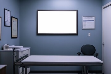 Clean and organized examination room with blank wall and medical equipment ready for patients