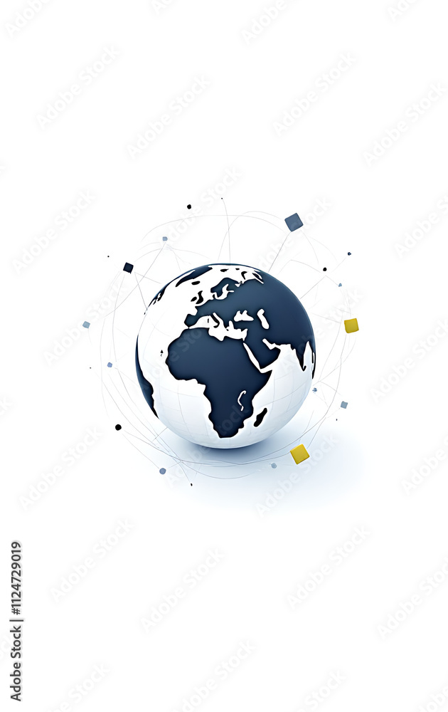 Poster a stylized digital globe with network lines on a white background features abstract square patterns 