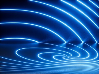 3d render, abstract minimalist background. Blue neon curvy lines glowing with bright light inside...