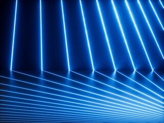 3d render, abstract geometric background. Blue neon lines glowing with bright light inside the...