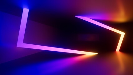 Abstract geometric background. Futuristic neon wallpaper. 3d render of a futuristic corridor with glowing lights in purple, blue, and orange hues. Walls reflect the vibrant colors