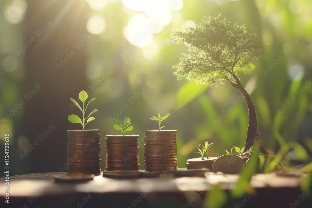 Poster coins stacked in ascending order small plants growing from coins large tree on smallest stack