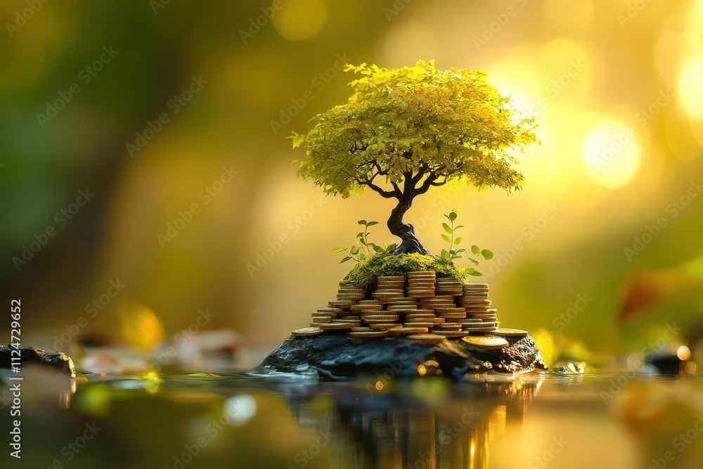 Aufkleber coins stacked in ascending order small plants growing from coins large tree on smallest stack