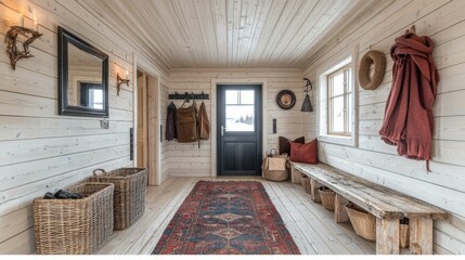 This image showcases a cozy Scandinavian style entrance hallway with light wooden walls and minimalist decor, featuring baskets and warm textiles.