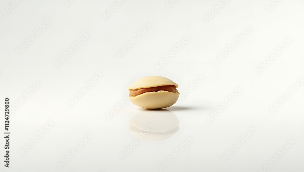 Aufkleber A single pistachio nut sits alone on a plain white surface, surrounded by empty space and subtle reflections._00001_
