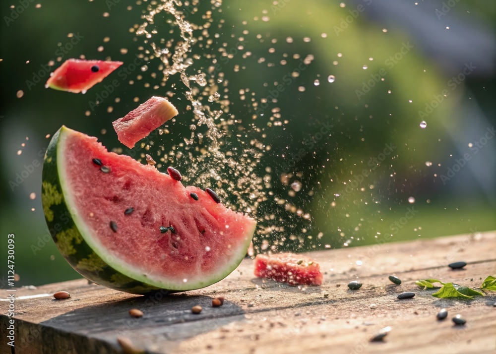 Poster a refreshing burst of juicy watermelon slice in mid-air with fragments and droplets creating a livel