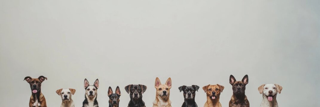 A variety of dogs of different breeds and sizes sit closely together, creating a charming display of canine companionship with blank space for text. Generative AI