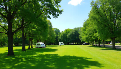 A serene grassy area with various trees and a clear blue sky, adjacent to an empty campsite in a peaceful park environment._00001_