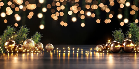 Festive Christmas decorations with golden ornaments and twinkling lights create warm, joyful atmosphere