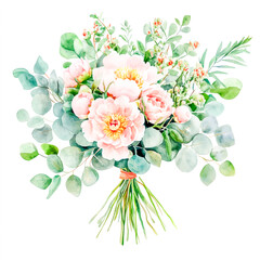 Greenery eucalyptus and pink peony flowers. Floral bouquet in watercolor Isolated on white background