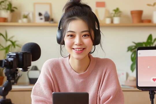 Young Woman Live Streaming Generative AI Technology for Online Dating and Valentine’s Day Gifts