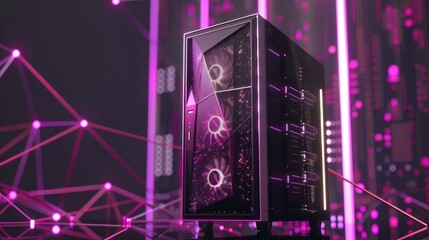 Advanced Tech Game Server Cabinet with Efficient Cooling, Neat Cable Network, and Modern Data Center Backdrop. 