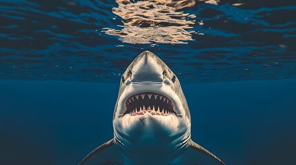 A close-up of a great white shark swimming just below the water's surface.