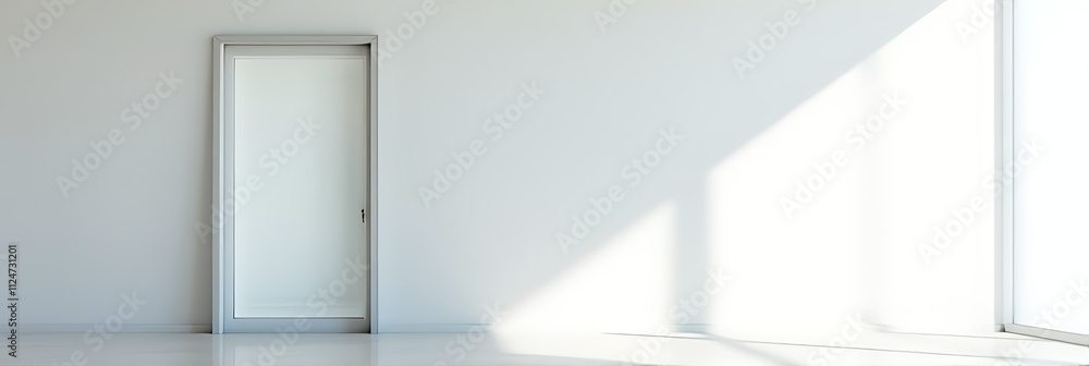 Aufkleber A modern, minimalist glass window frame stands alone against a plain background in an empty, modern office space setting._00001_