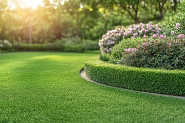 Sunlit garden with manicured hedges and vibrant flowers.