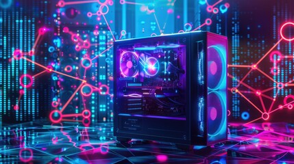 Fototapeta premium Advanced Tech Game Server Cabinet with Efficient Cooling, Neat Cable Network, and Modern Data Center Backdrop. 