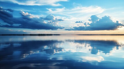 Obraz premium Dramatic clouds reflecting in calm lake at sunset