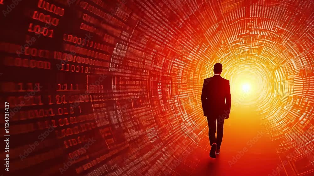 Poster silhouette of businessman walking towards bright digital data stream with binary code