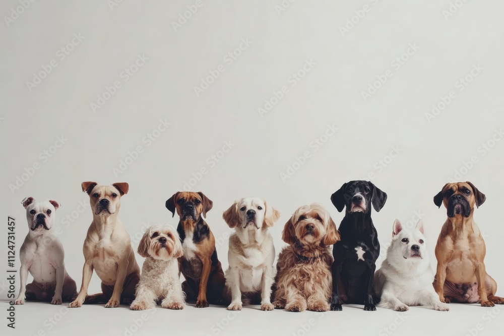 Poster Different dog breeds and sizes sit side by side in a studio, showcasing their friendly demeanor against a plain background. Generative AI