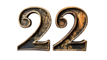 Weathered wooden number 22 against a minimalistic wall background for interior decoration and design inspiration on transparent background