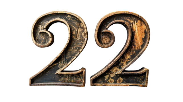 Weathered wooden number 22 against a minimalistic wall background for interior decoration and design inspiration on transparent background