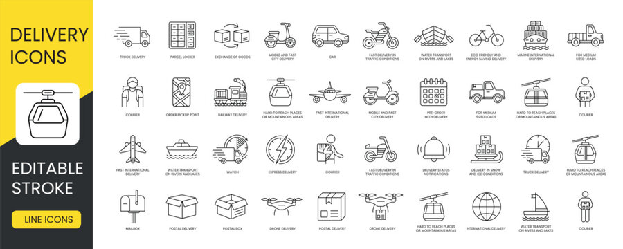 Set of line vector icons of delivery methods with editable stroke, postal box and express, status and notifications, international and pre order