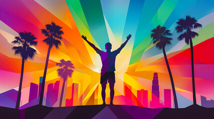 Silhouette of a victorious athlete standing on the podium with raised arms, set against a vibrant abstract landscape and the Los Angeles skyline, symbolizing triumph at the 2028 Olympic Games