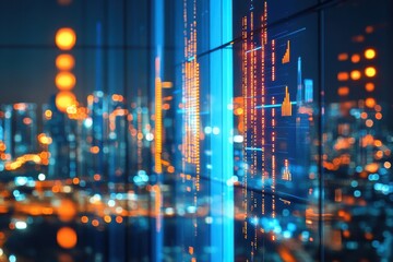 Digital data visualization bar charts and line graphs futuristic cityscape in background
