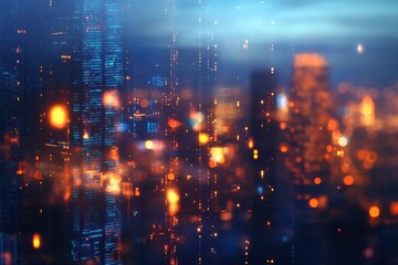 Digital data visualization bar charts and line graphs futuristic cityscape in background