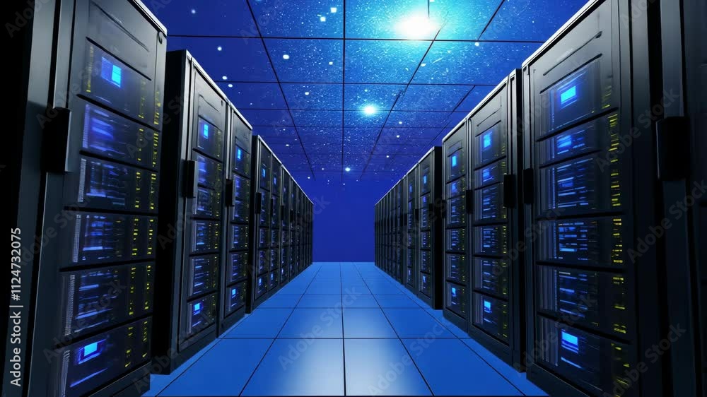 Poster futuristic data center with high-tech servers and cosmic background lighting