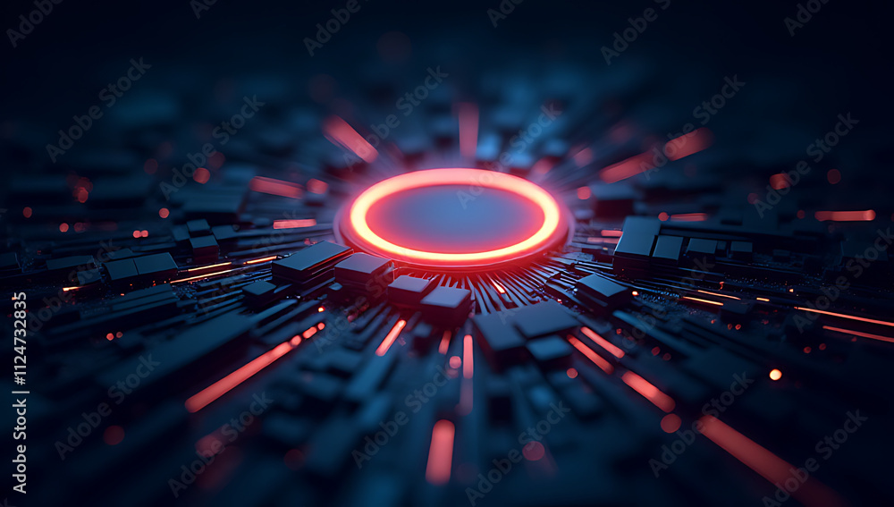 Poster A glowing digital tech circle sits atop a dark background surrounded by abstract lines and futuristic elements in a 3D rendering._00001_