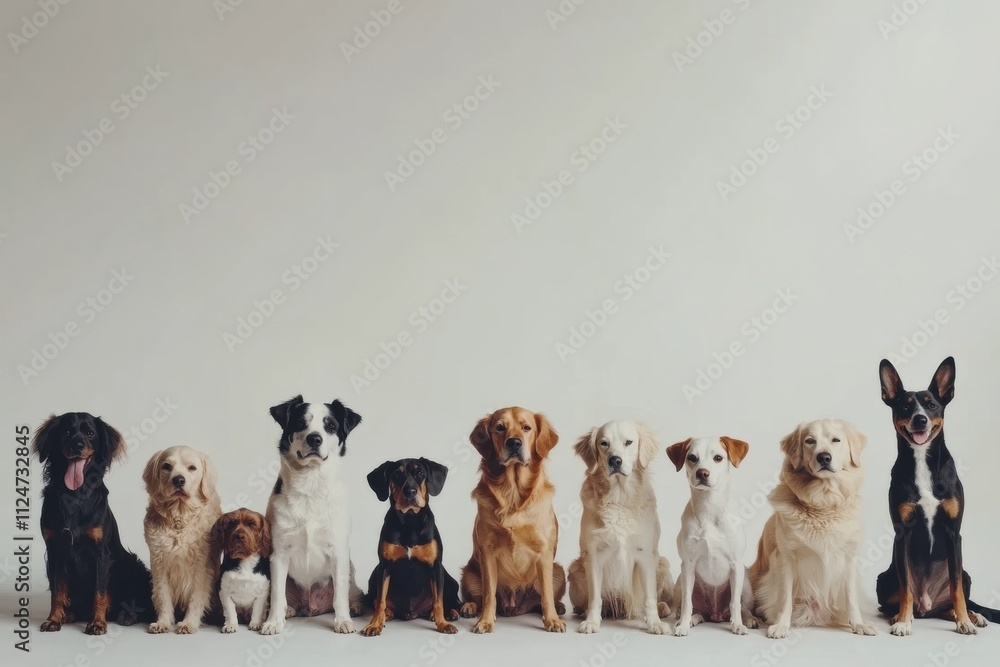 Poster A diverse group of dogs of different breeds and sizes are seated together, displaying a range of colors and expressions, against a plain backdrop. Generative AI