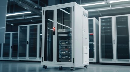 Advanced Tech Game Server Cabinet with Efficient Cooling, Neat Cable Network, and Modern Data Center Backdrop. 