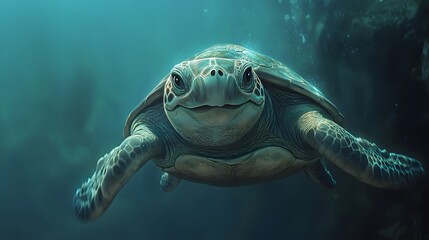 Fototapeta premium Portrait of a happy sea turtle swimming underwater. Generative AI