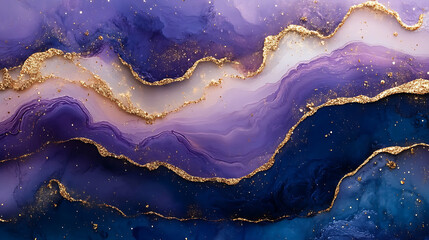 Abstract Purple and Gold Ink Art: Swirling Colors and Glittering Gold Accents in a Fluid Design