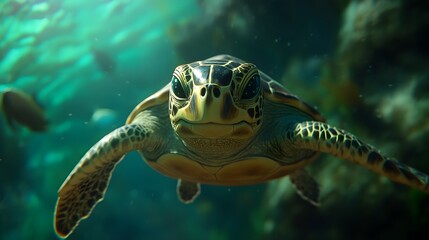 Fototapeta premium Portrait of a happy sea turtle swimming underwater. Generative AI