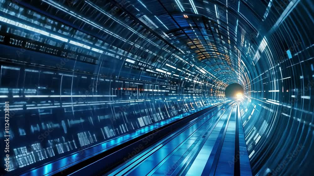Poster futuristic digital tunnel with neon lights and dynamic data flow creating a sci-fi atmosphere