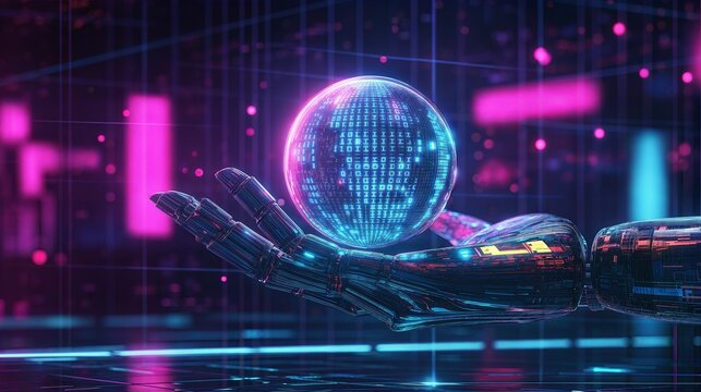 Futuristic robotic hand holding a glowing holographic sphere with binary data, high-tech grid background. Cybersecurity,  AI, and technology concepts 