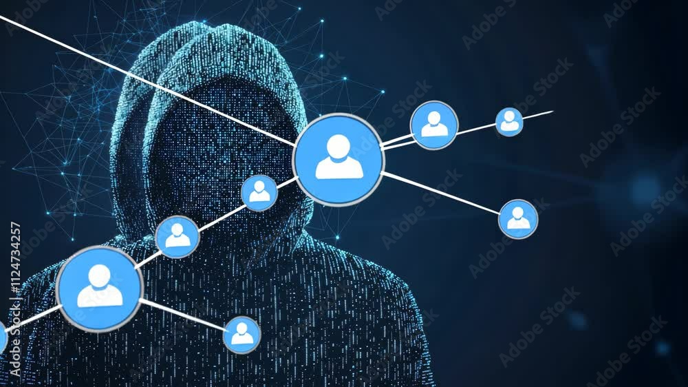 Poster mysterious figure with digital background and user icon in cybersecurity theme