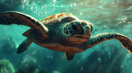 Fototapeta premium Portrait of a happy sea turtle swimming underwater. Generative AI