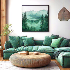 Living room interior design painting with mountains and forest in the interior.