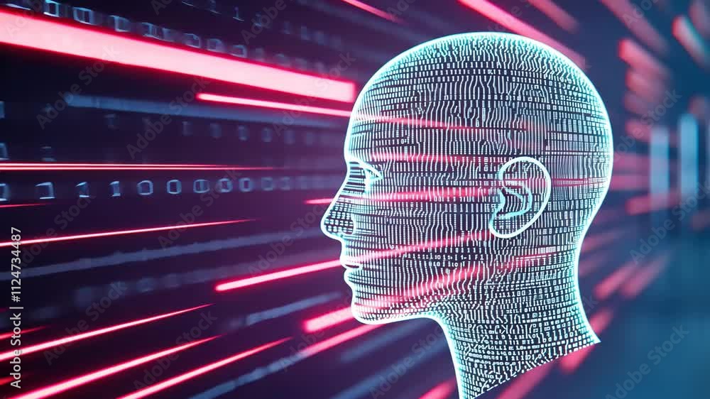 Poster futuristic 3d head with digital lines and binary code in neon colors