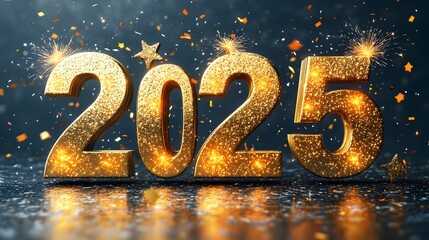 Colorful Digital 2025 Numbers with Stars,Lights,and Confetti Bursts for Cheerful