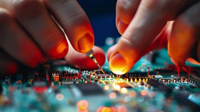 Close up view of an electrical engineer testing a motherboard with a multimeter. Warm cinematic lighting enhances the focus on the intricate details of the circuit board