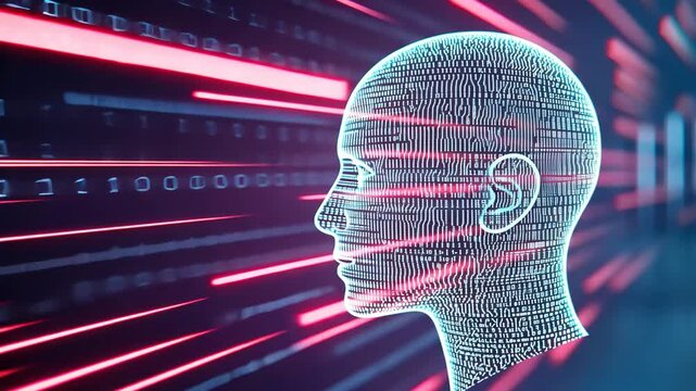 Futuristic 3D Head with Digital Lines and Binary Code in Neon Colors