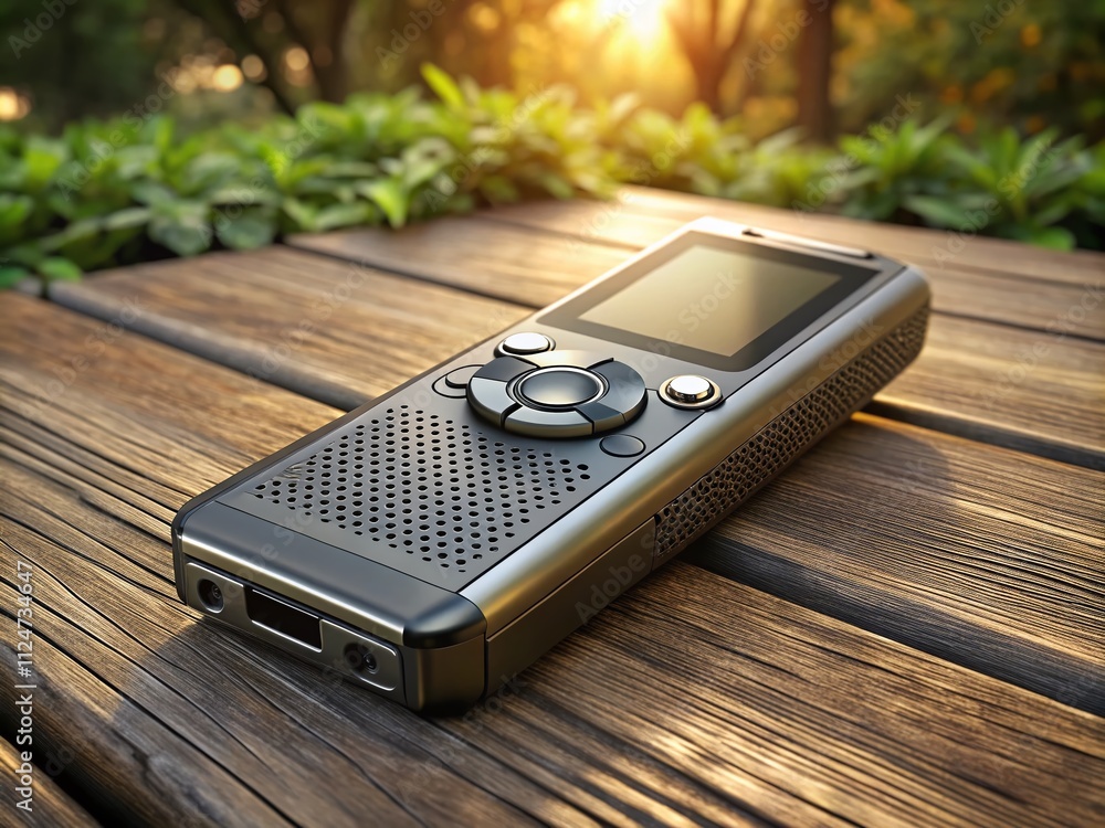 Poster a rugged portable dictaphone with a 3d render design ideal for outdoor use, showcasing its durabilit