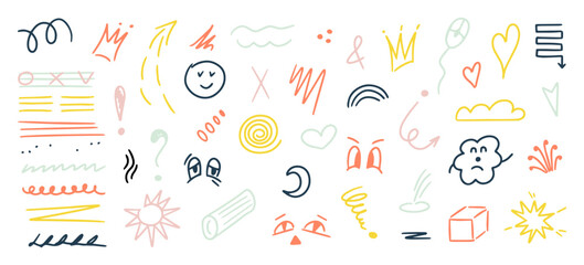 Hand drawn vector elements, heart, arrow, line, star, crown, speech cloud, flower, emphasis. Color line brush or marker scribbles, underlines, pencil sketch graphic