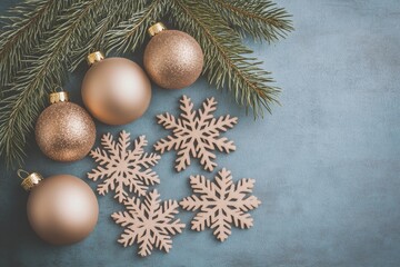 golden and green christmas ball decoration duplicate space